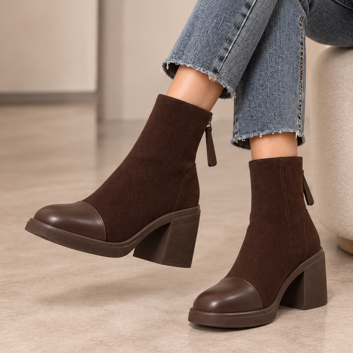 Women's Stretch Ankle Boots with Round Toe and Low Chunky Block Heel alternate view