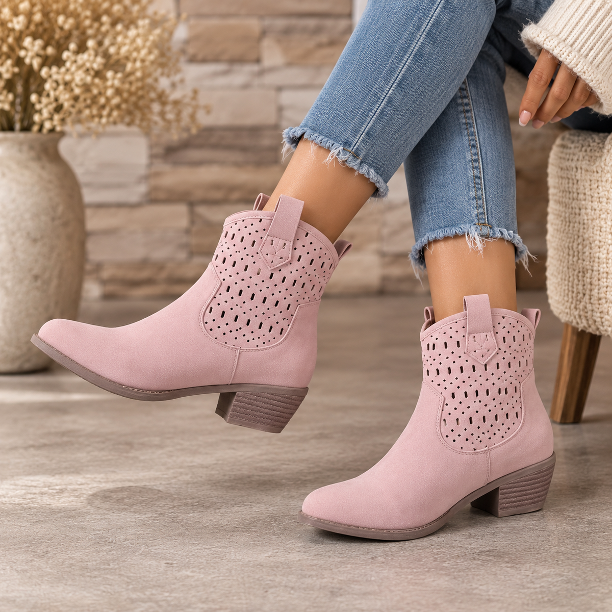 Women's Perforated Ankle Boots with Round Toe, Pull Tabs and Low Block Heel alternate view