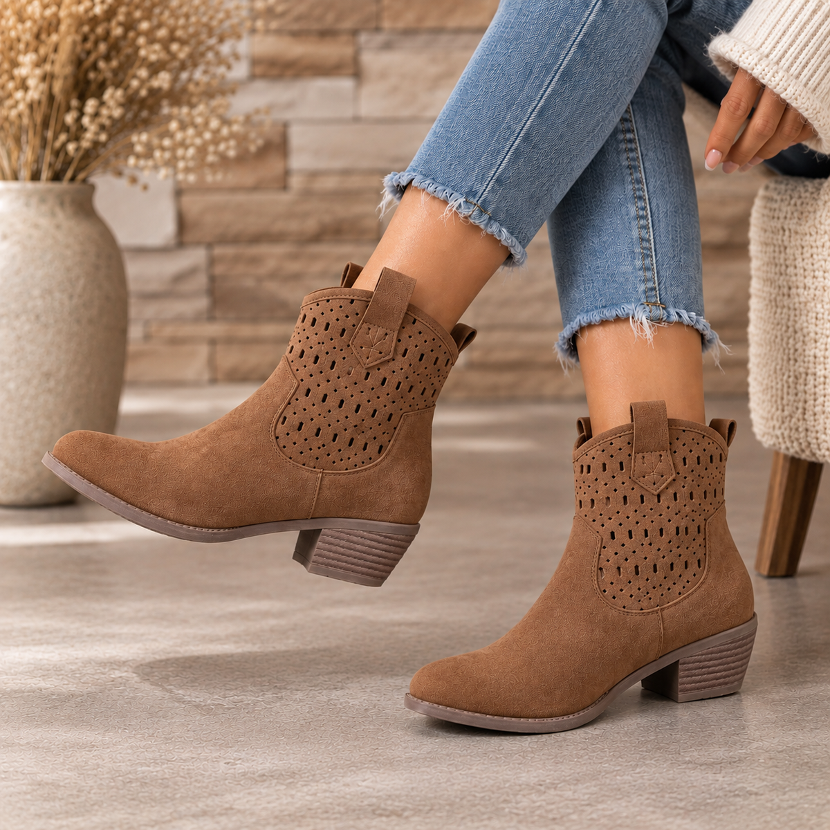 Women's Perforated Ankle Boots with Round Toe, Pull Tabs and Low Block Heel alternate view