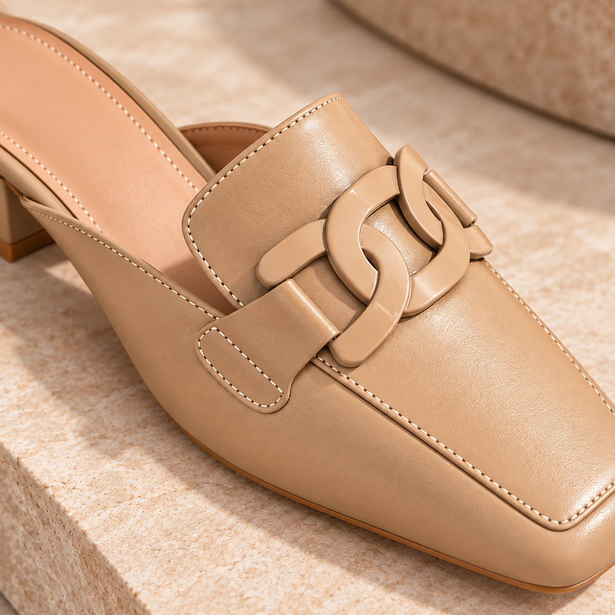 Women's White Mule Loafers with Chain Detail, Closed Toe and Mid Block Heel alternate view