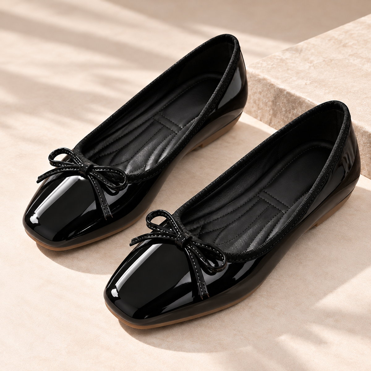 Women's Ballet Flats with Glossy Finish, Bow Detail and Rounded Square Toe alternate view