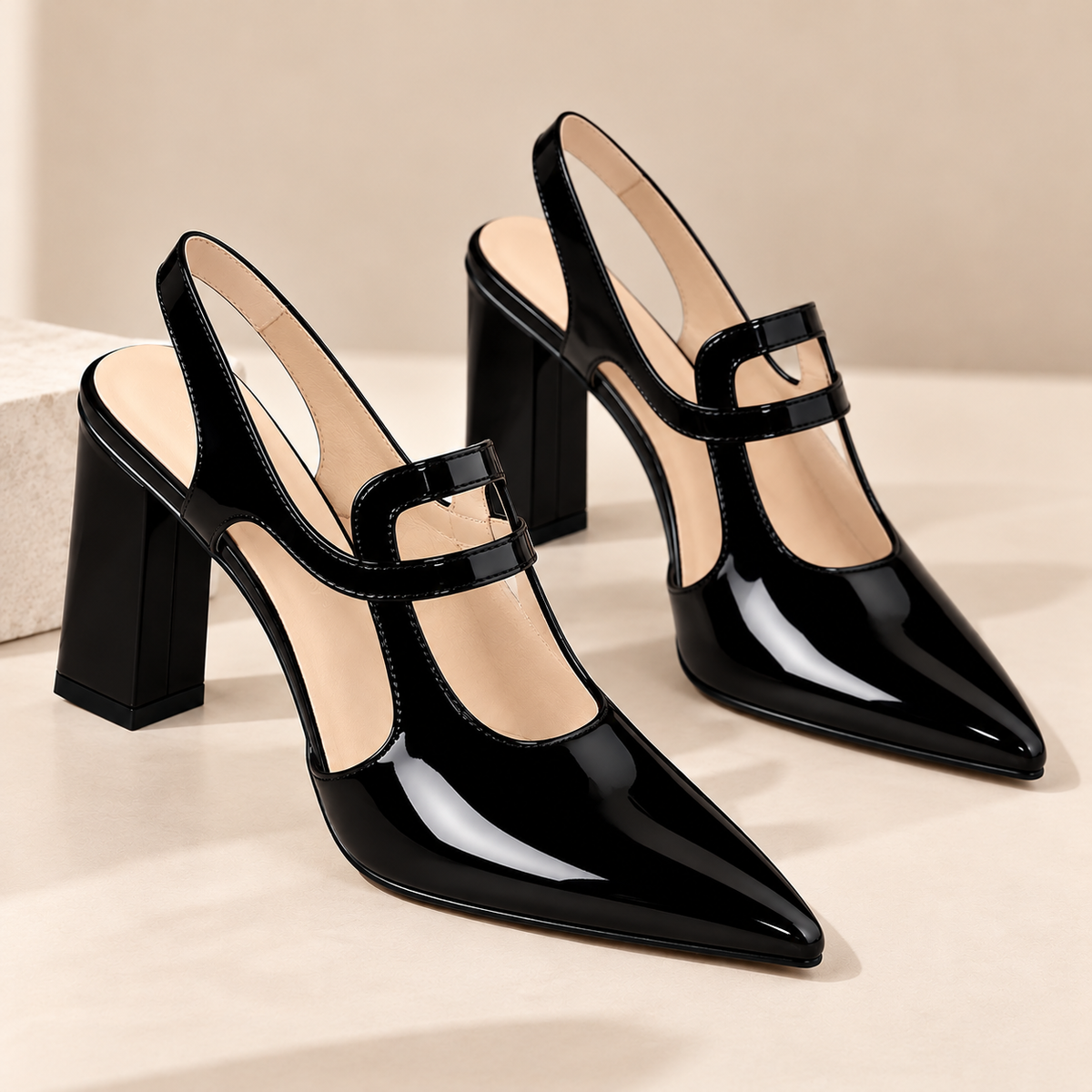 Women's Pointed Toe Slingback Mary Jane Pumps with Block Heel and Cutout Strap alternate view