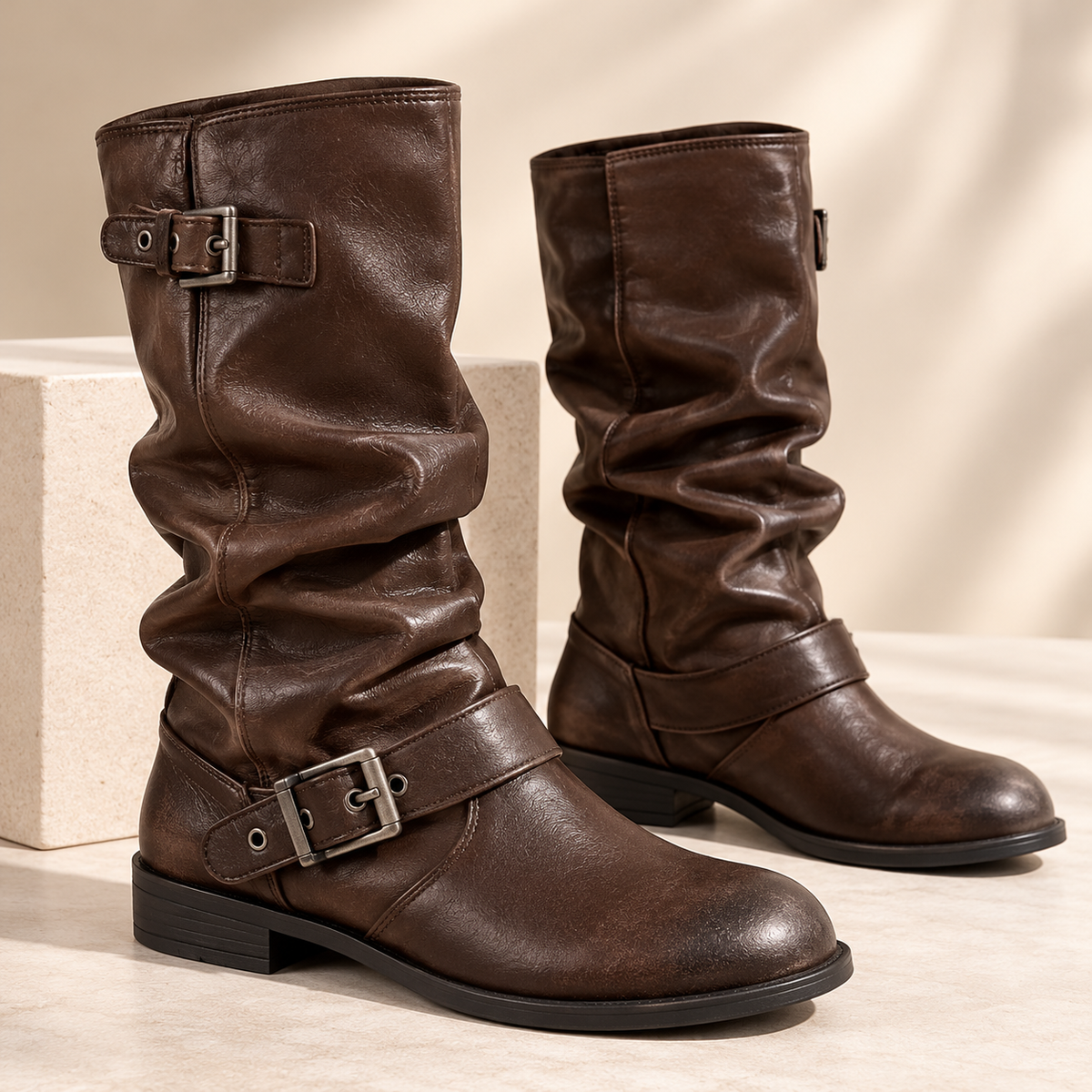 Women's Leather Mid-Calf Boots with Slouchy Shaft, Buckle Straps and Low Heel product image