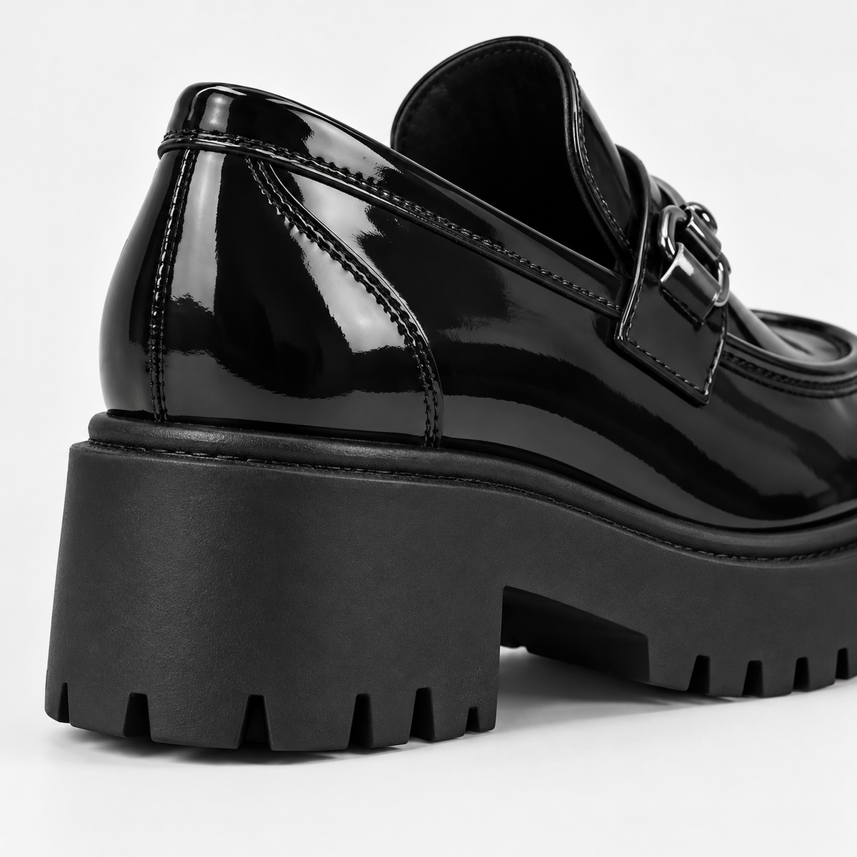 Women's Glossy Black Leather Platform Loafers with Chunky Lug Sole alternate view