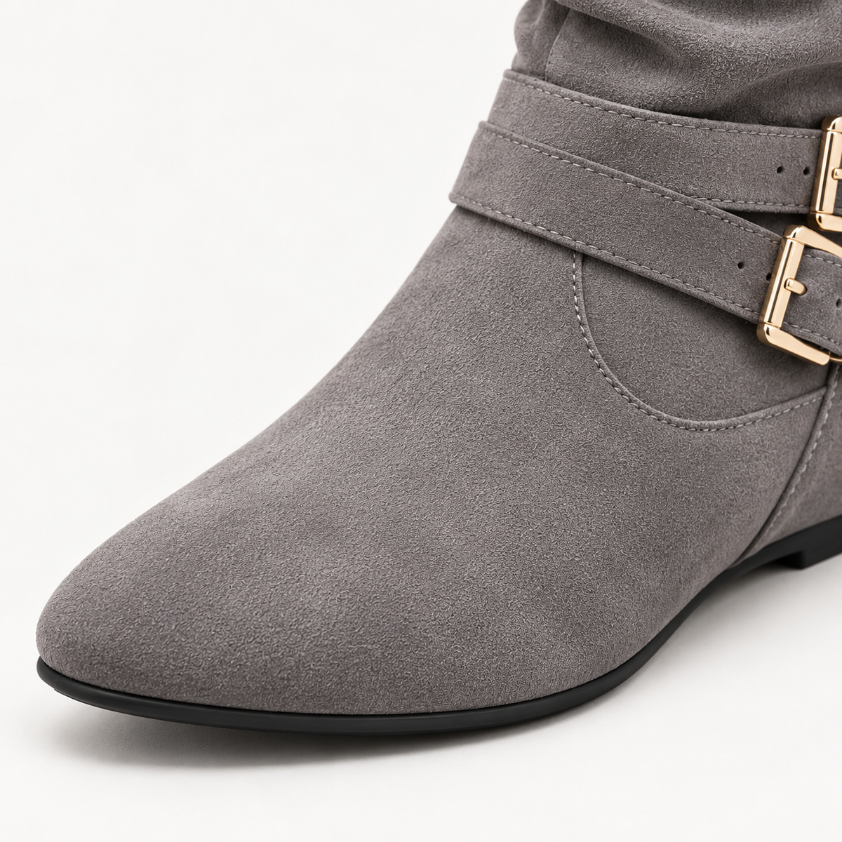 Women's Suede Knee-High Boots with Double Buckles, Side Zipper and Flat Heel alternate view