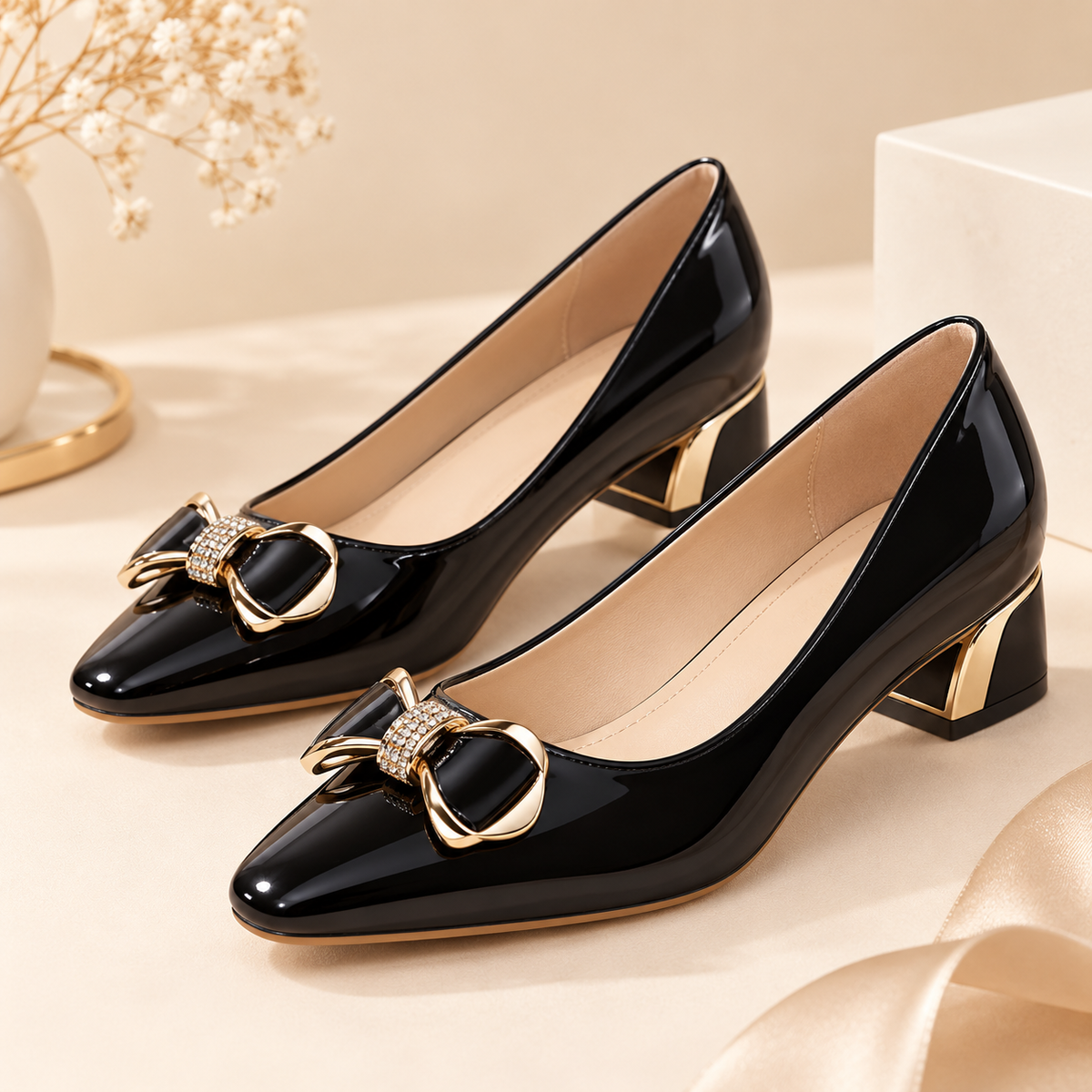 Women's Patent Leather Low Heel Pumps with Bow Detail alternate view