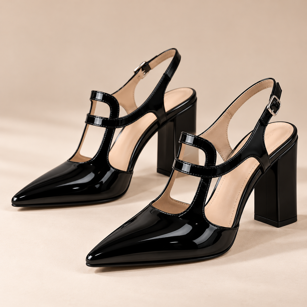 Women's Pointed Toe Mary Jane Slingback Pumps with Block Heel and Cutout Straps product image