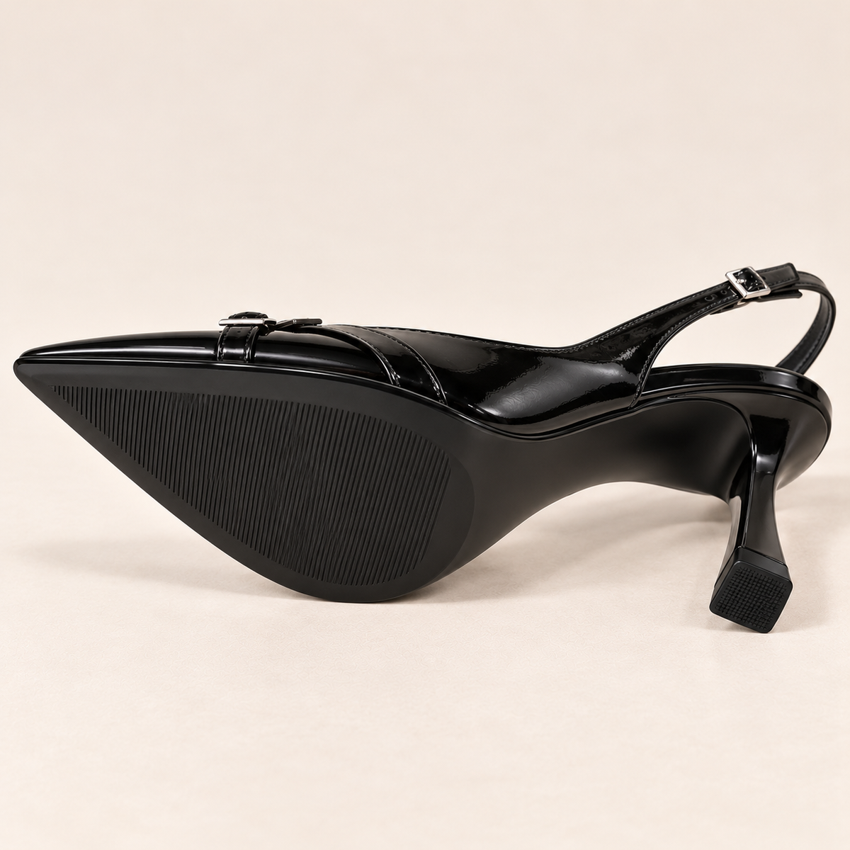 Women's Black Pointed Toe Slingback Pumps with Buckle Detail and Stiletto Heel alternate view