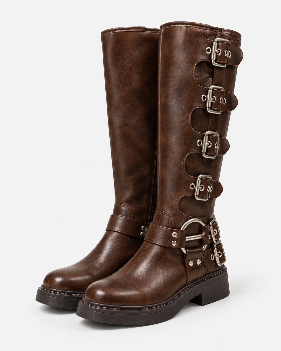 Women's Knee-High Buckle Boots with Platform Sole and Low Heel alternate view