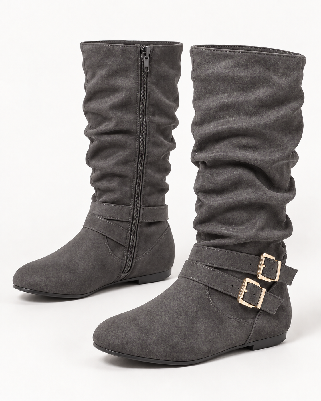 Women's Mid-Calf Slouch Boots with Double Buckles, Side Zip and Flat Heel alternate view