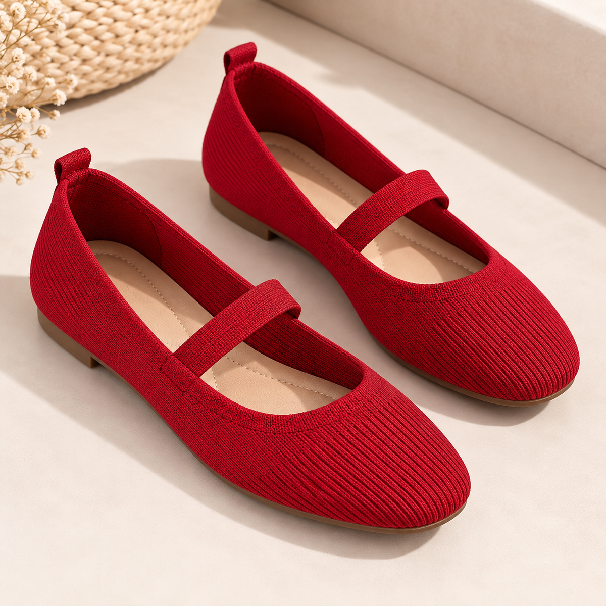 Women's Knit Mary Jane Ballet Flats with Instep Strap and Round Toe product image