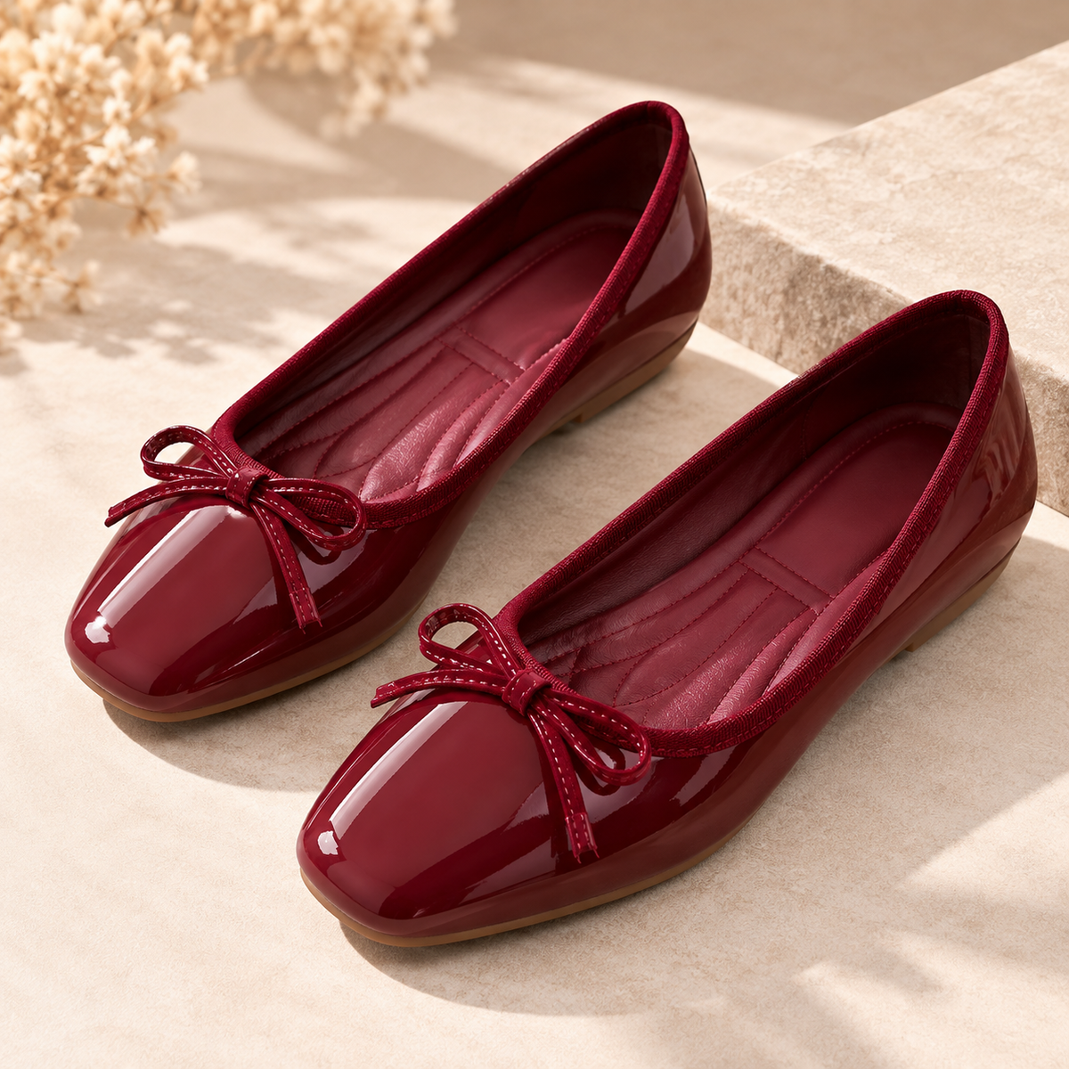 Women's Ballet Flats with Glossy Finish, Bow Detail and Rounded Square Toe alternate view