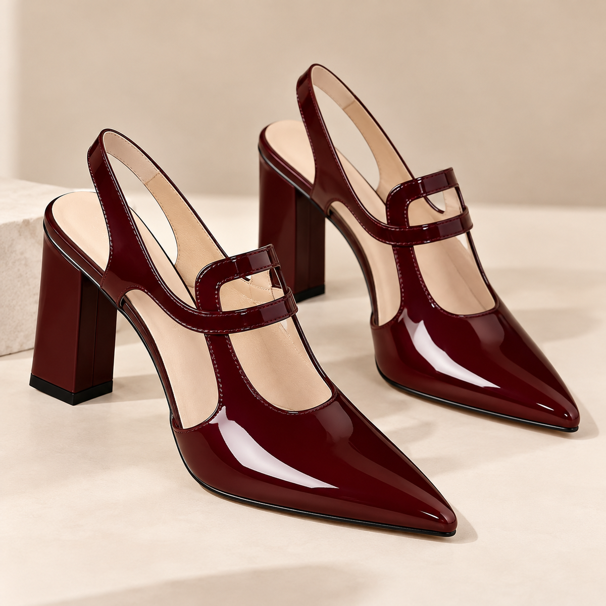 Women's Pointed Toe Slingback Mary Jane Pumps with Block Heel and Cutout Strap product image