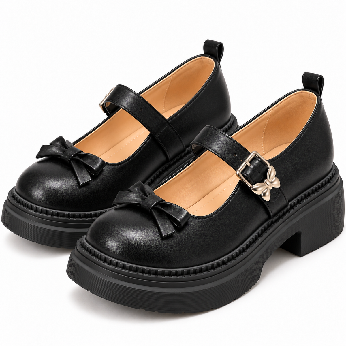 Women's Platform Mary Jane Shoes with Bow Detail, Buckle Strap and Round Toe product image