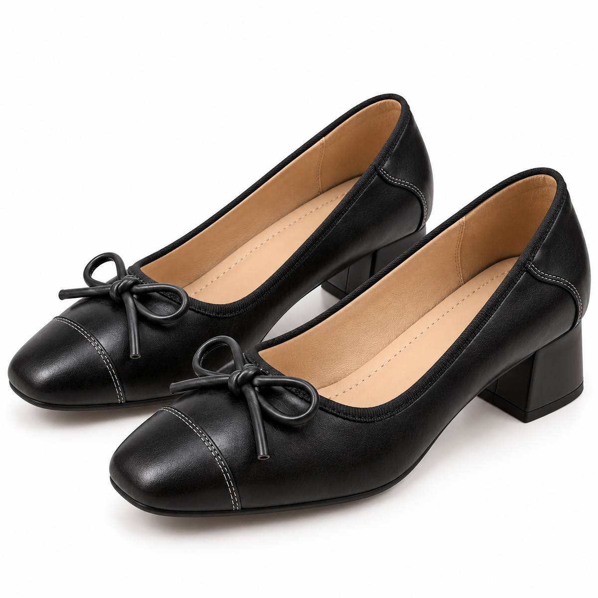 Women's Square-Toe Bow Pumps with Soft Leather Upper and Chunky Block Heel alternate view