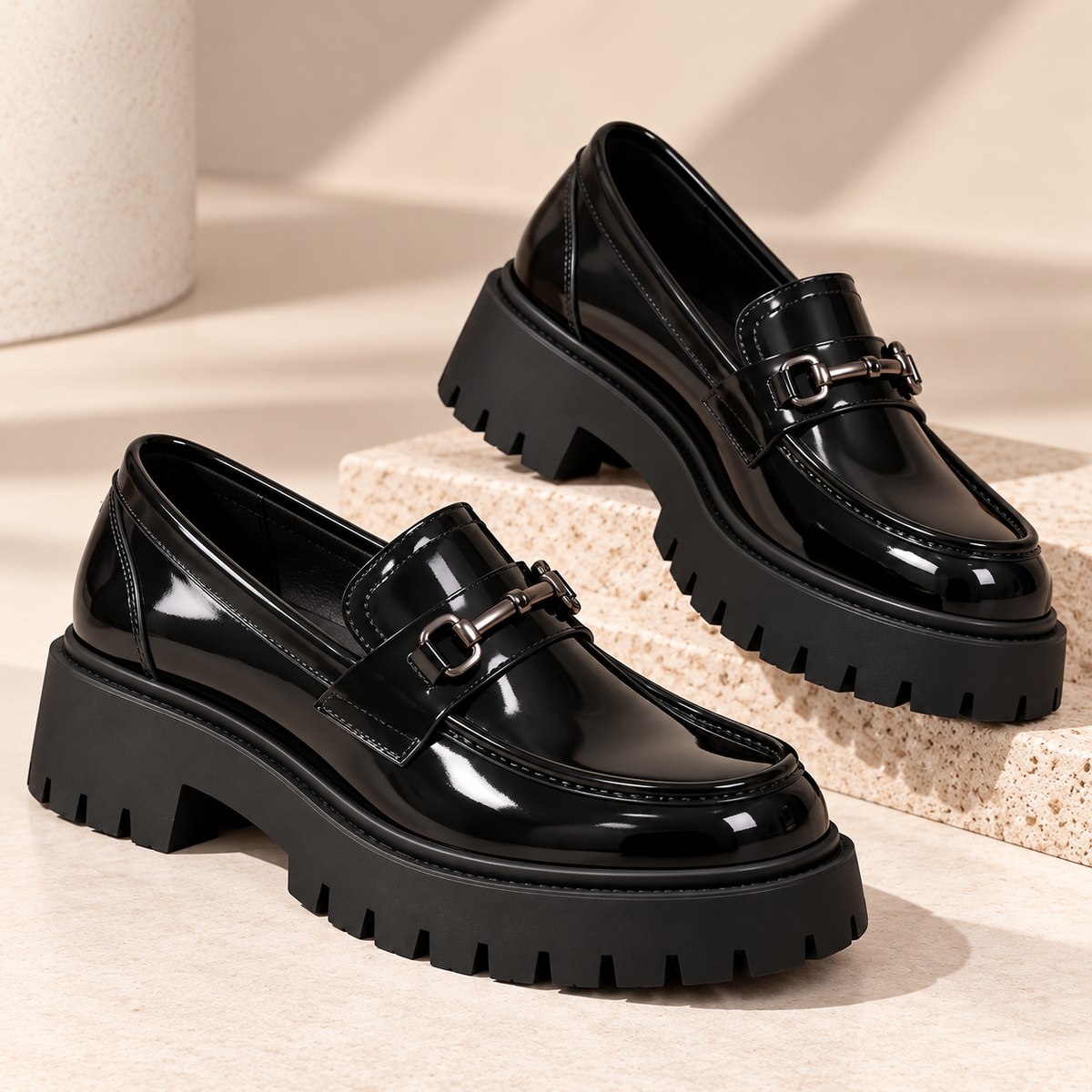 Women's Glossy Black Leather Platform Loafers with Chunky Lug Sole product image