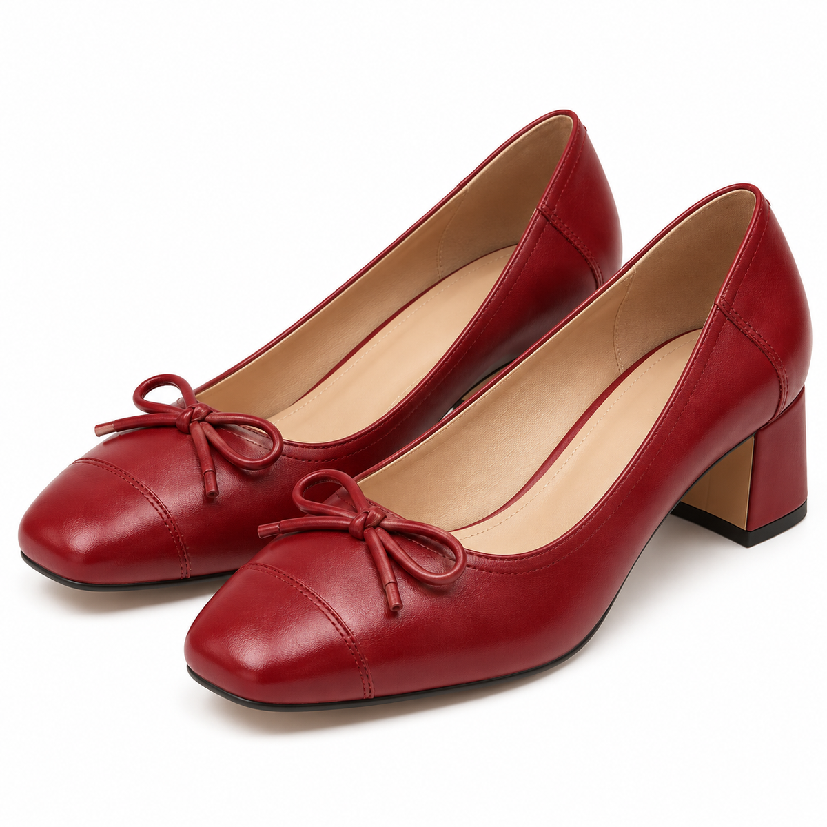 Women's Square-Toe Bow Pumps with Soft Leather Upper and Chunky Block Heel alternate view