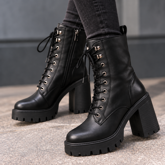 Women's Black Mid-Calf Lace-Up Boots with Chunky Block Heel and Lug Sole product image