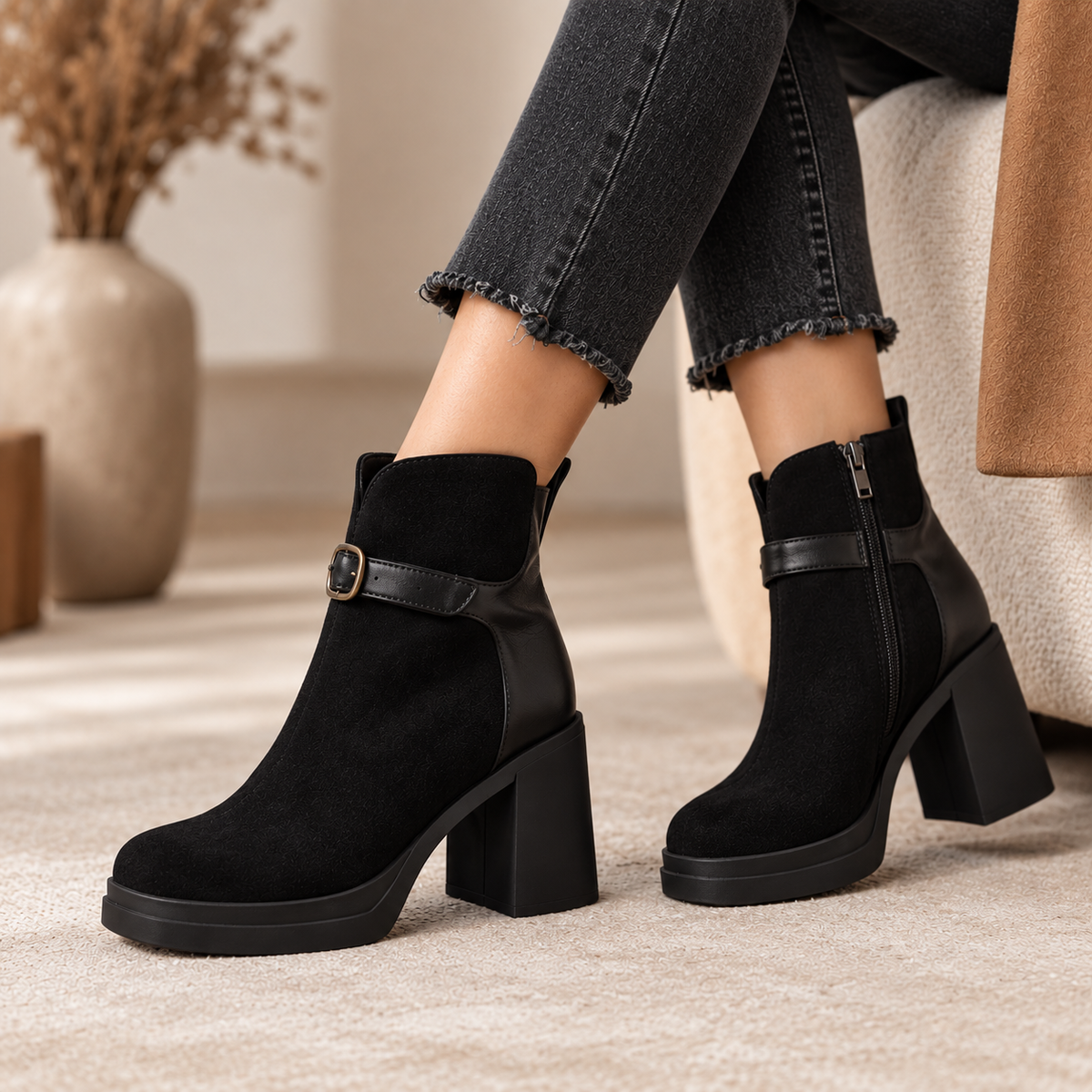 Women's Ankle Boots with Buckle Strap, Chunky Heel and Thick Sole alternate view