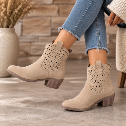 Women's Perforated Ankle Boots with Round Toe, Pull Tabs and Low Block Heel alternate view