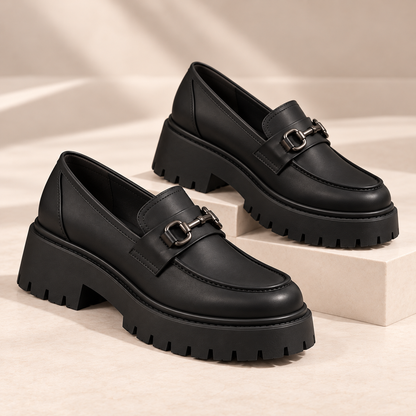 Women's Glossy Black Leather Platform Loafers with Chunky Lug Sole alternate view