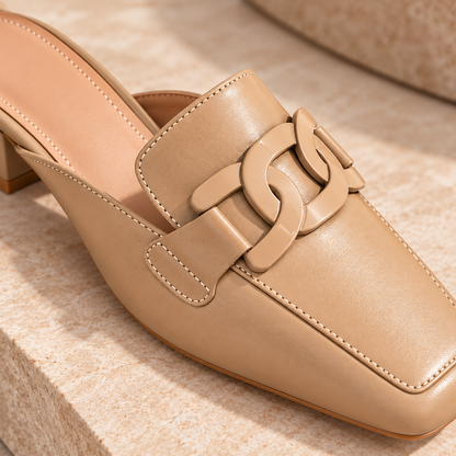 Women's White Mule Loafers with Chain Detail, Closed Toe and Mid Block Heel alternate view