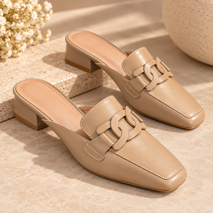 Women's White Mule Loafers with Chain Detail, Closed Toe and Mid Block Heel alternate view