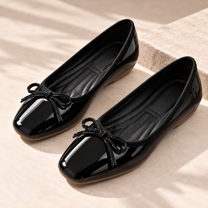 Women's Ballet Flats with Glossy Finish, Bow Detail and Rounded Square Toe alternate view