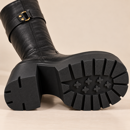 Women's Knee-High Platform Riding Boots with Metal Buckle and Chunky Block Heel alternate view