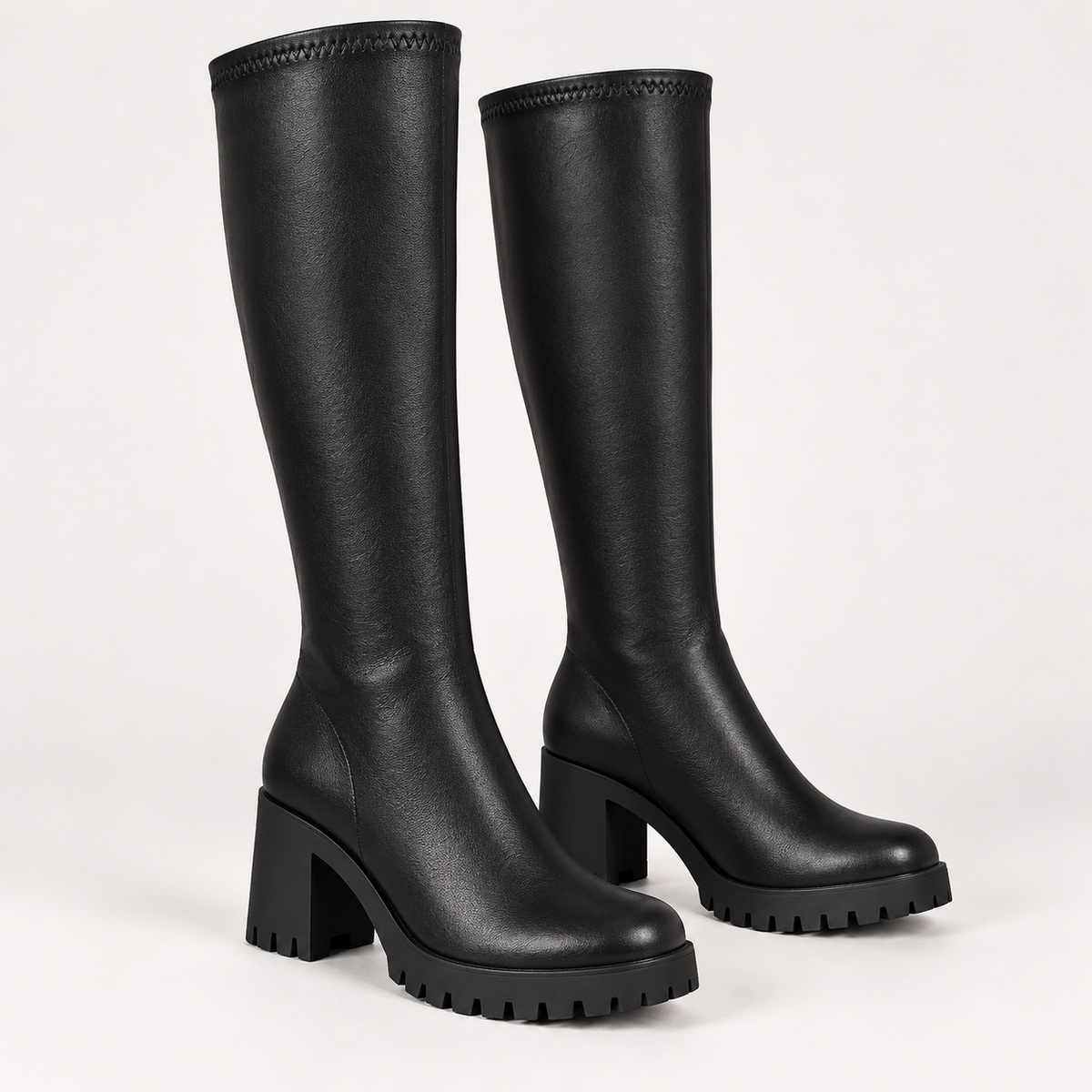Women's Knee-High Boots with Round Toe, Chunky Block Heel and Lug Sole product image