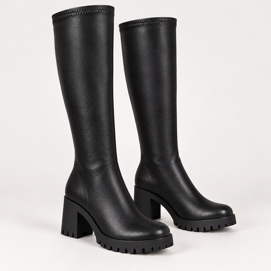 Women's Knee-High Boots with Round Toe, Chunky Block Heel and Lug Sole product image