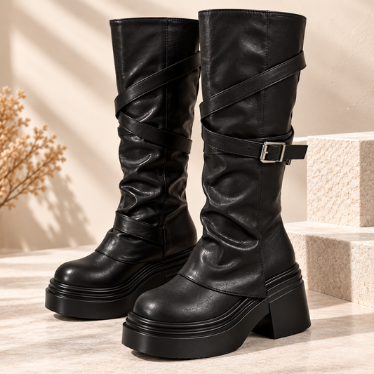Women's Knee-High Boots with Wraparound Buckle Straps and Thick Heel product image