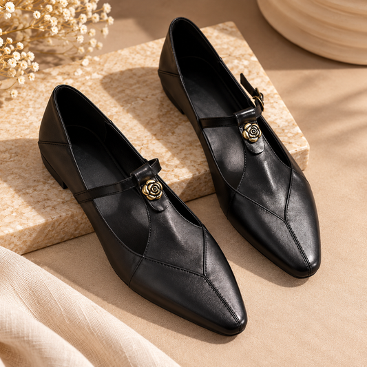 Women's Black Leather T-Strap Loafers with Rose Detail and Low Block Heel product image