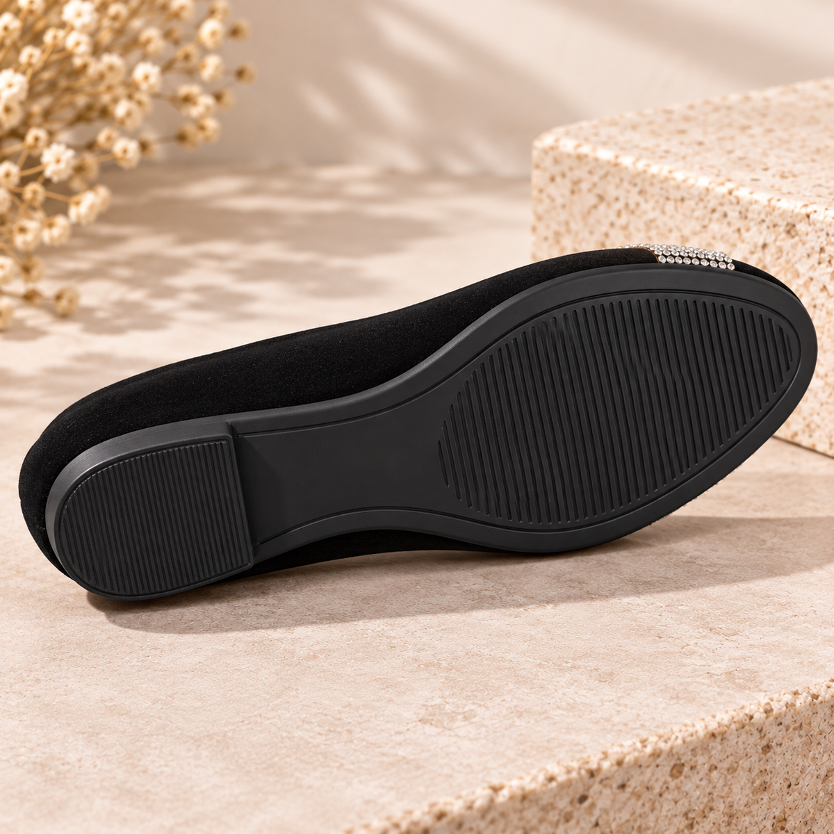 Women's Pointed-Toe Flats with Rhinestone-Style Detail and Black Slip-On Design alternate view