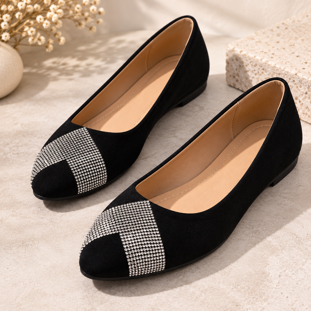 Women's Pointed-Toe Flats with Rhinestone-Style Detail and Black Slip-On Design product image