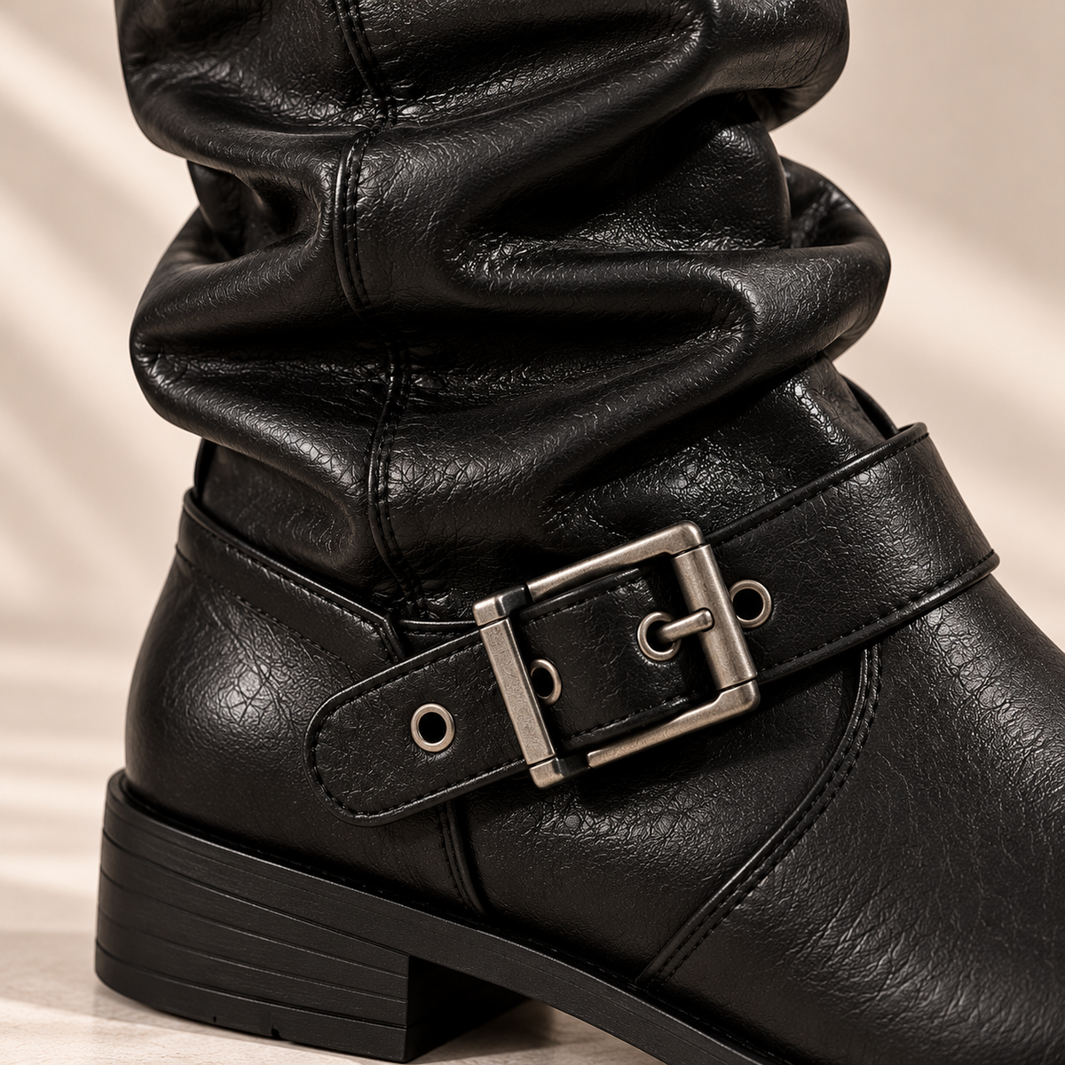 Women's Leather Mid-Calf Boots with Slouchy Shaft, Buckle Straps and Low Heel alternate view