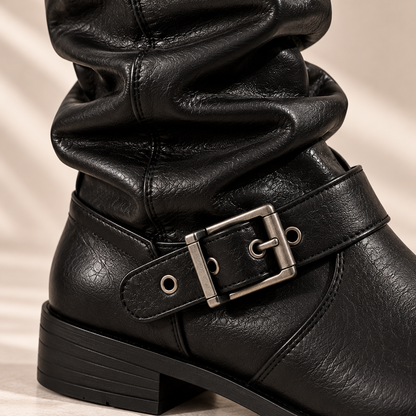 Women's Leather Mid-Calf Boots with Slouchy Shaft, Buckle Straps and Low Heel alternate view