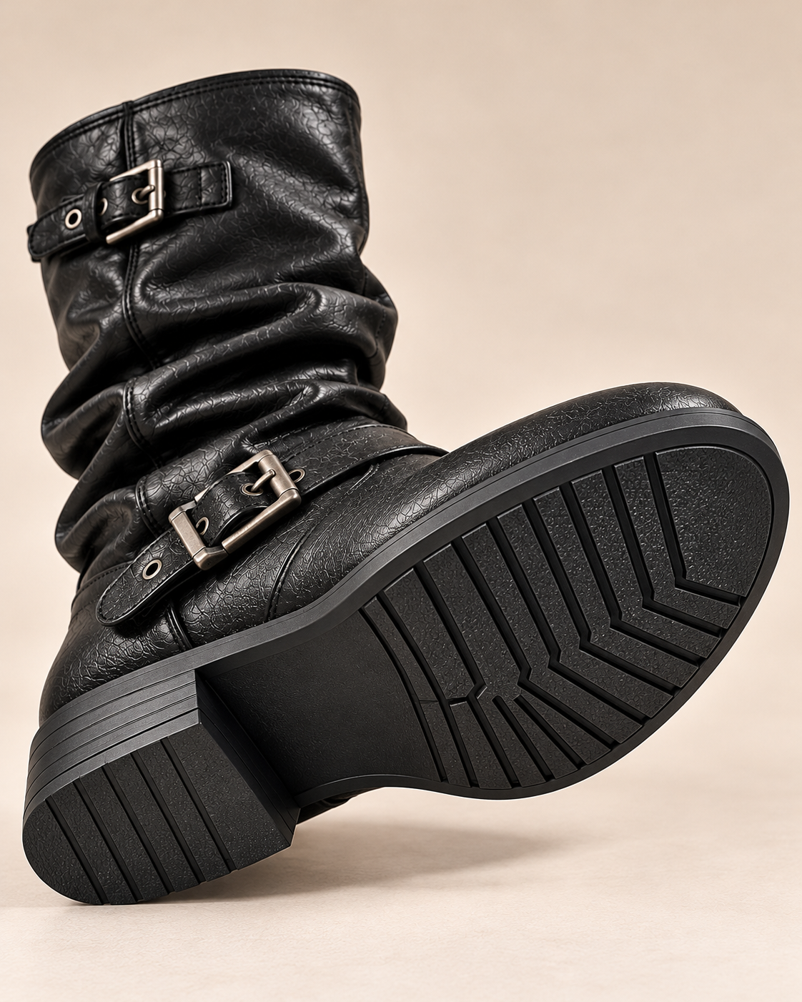 Women's Leather Mid-Calf Boots with Slouchy Shaft, Buckle Straps and Low Heel alternate view
