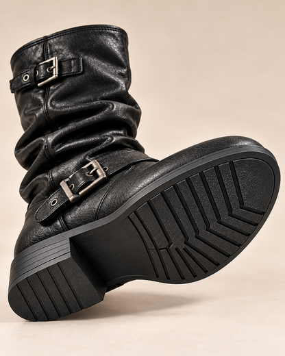 Women's Leather Mid-Calf Boots with Slouchy Shaft, Buckle Straps and Low Heel alternate view
