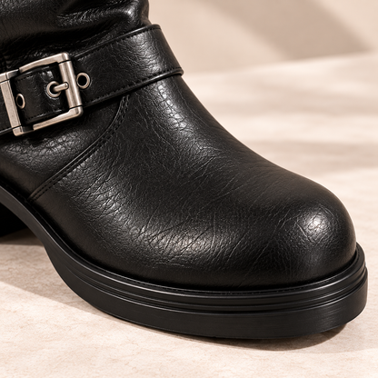 Women's Leather Mid-Calf Boots with Slouchy Shaft, Buckle Straps and Low Heel alternate view