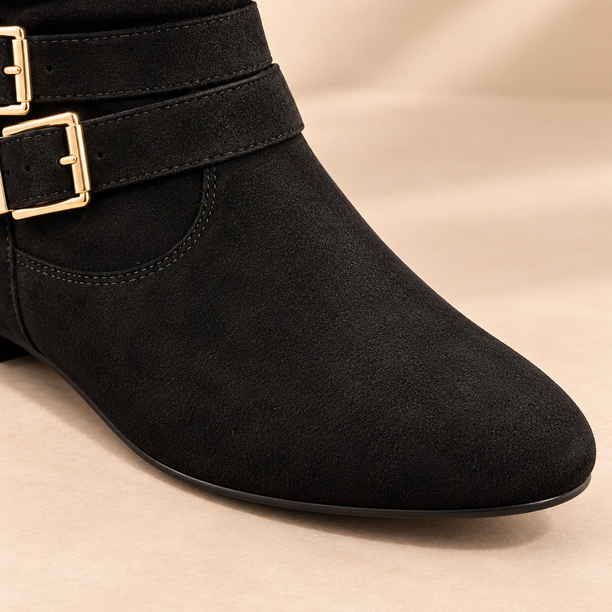 Women's Suede Knee-High Boots with Double Buckles, Side Zipper and Flat Heel alternate view