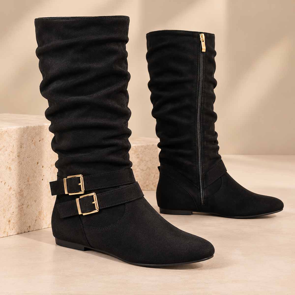 Women's Suede Knee-High Boots with Double Buckles, Side Zipper and Flat Heel product image