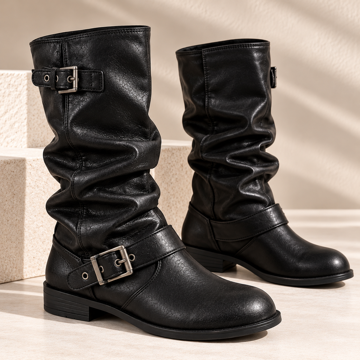 Women's Leather Mid-Calf Boots with Slouchy Shaft, Buckle Straps and Low Heel alternate view