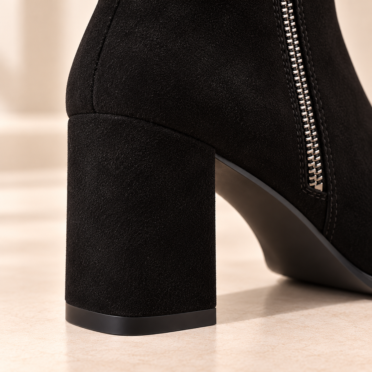 Women's Black Suede Ankle Boots with Side Zipper, Round Toe and Square Heel alternate view