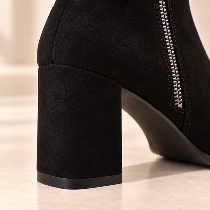 Women's Black Suede Ankle Boots with Side Zipper, Round Toe and Square Heel alternate view