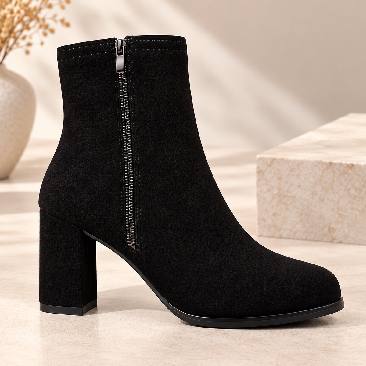 Women's Black Suede Ankle Boots with Side Zipper, Round Toe and Square Heel alternate view