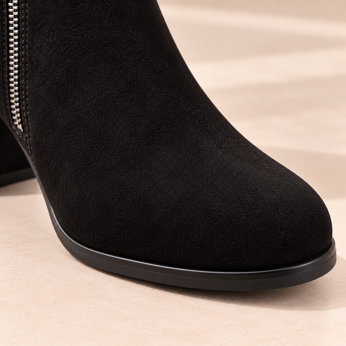 Women's Black Suede Ankle Boots with Side Zipper, Round Toe and Square Heel alternate view