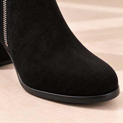 Women's Black Suede Ankle Boots with Side Zipper, Round Toe and Square Heel alternate view