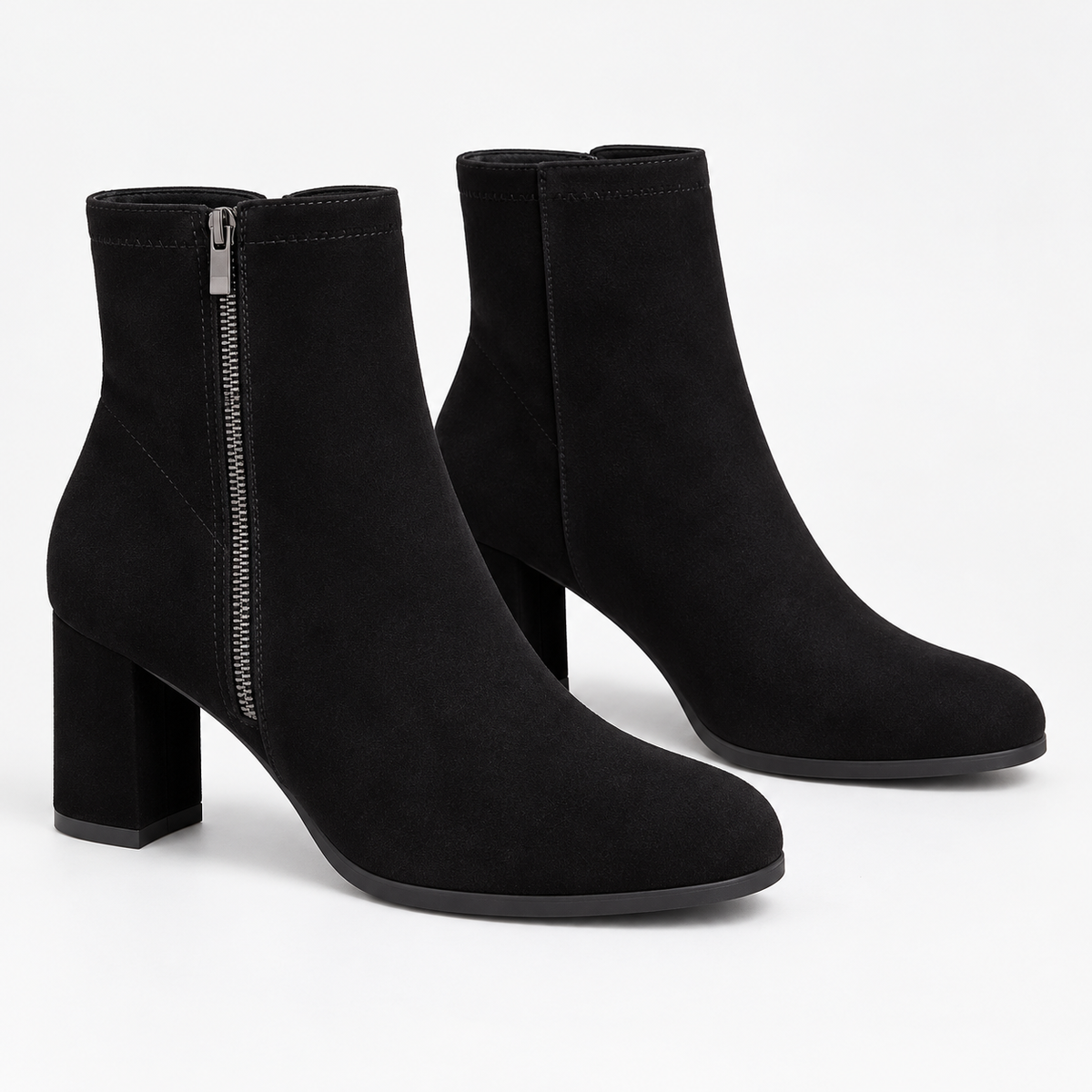 Women's Black Suede Ankle Boots with Side Zipper, Round Toe and Square Heel product image