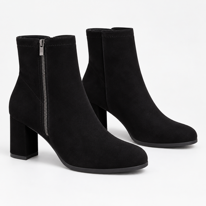 Women's Black Suede Ankle Boots with Side Zipper, Round Toe and Square Heel product image
